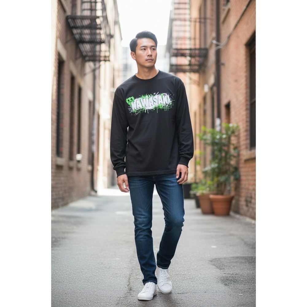 Kawasaki‎ Men's Long Sleeve T-Shirt Black Medium 100% Cotton Graphic Tee